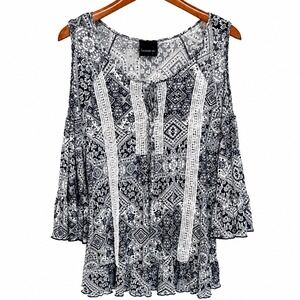 Lavender Sky Navy White Geometric Cold Shoulder Bell Sleeve Lace Blouse MY3381 L